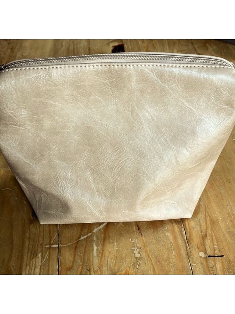 𝅺anthropologie tan faux leather cosmetic case make up bag clutch carryall